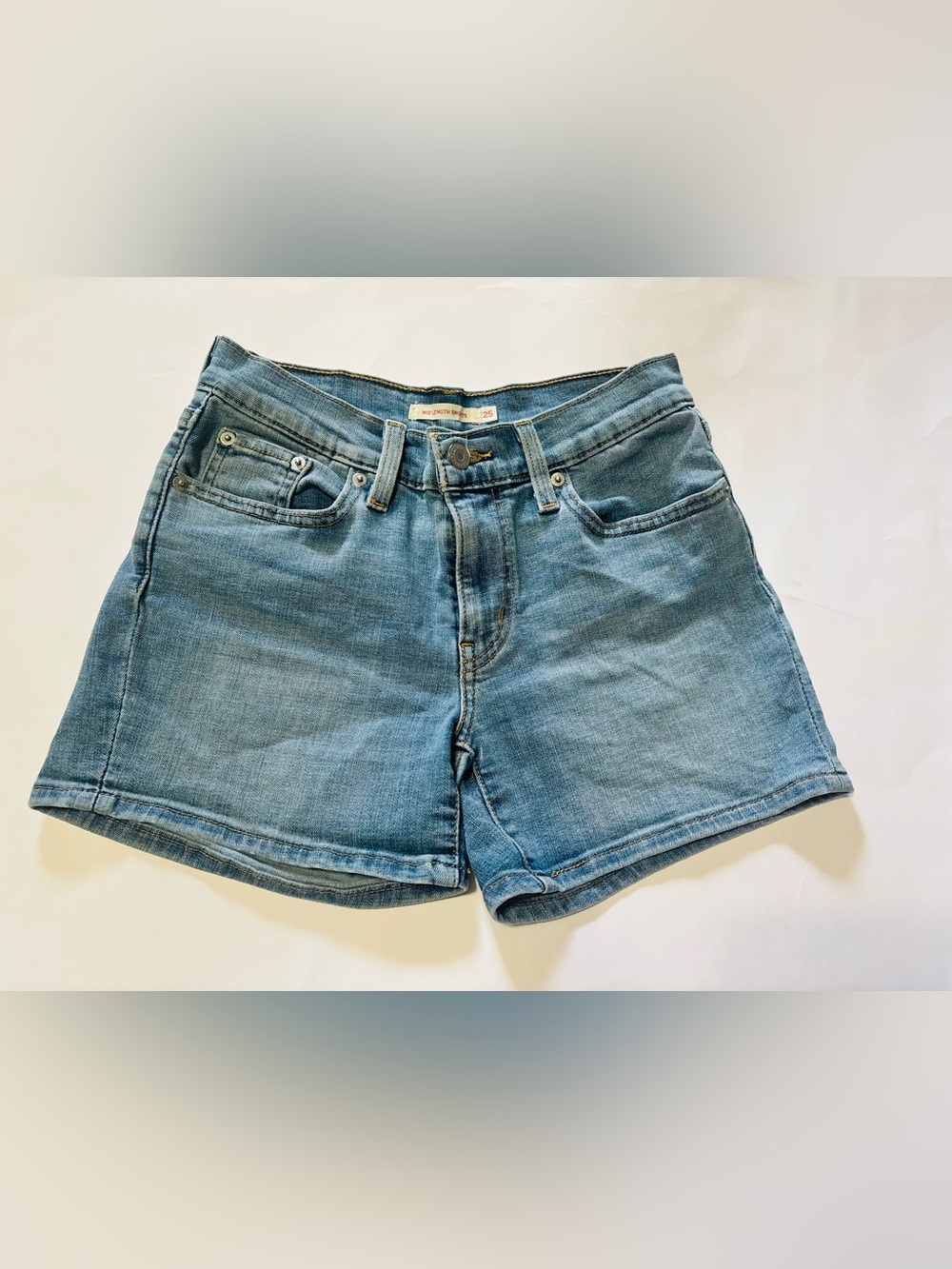 Women’s Blue Denim Jean Shorts with Classic Five-Pocket Styling.